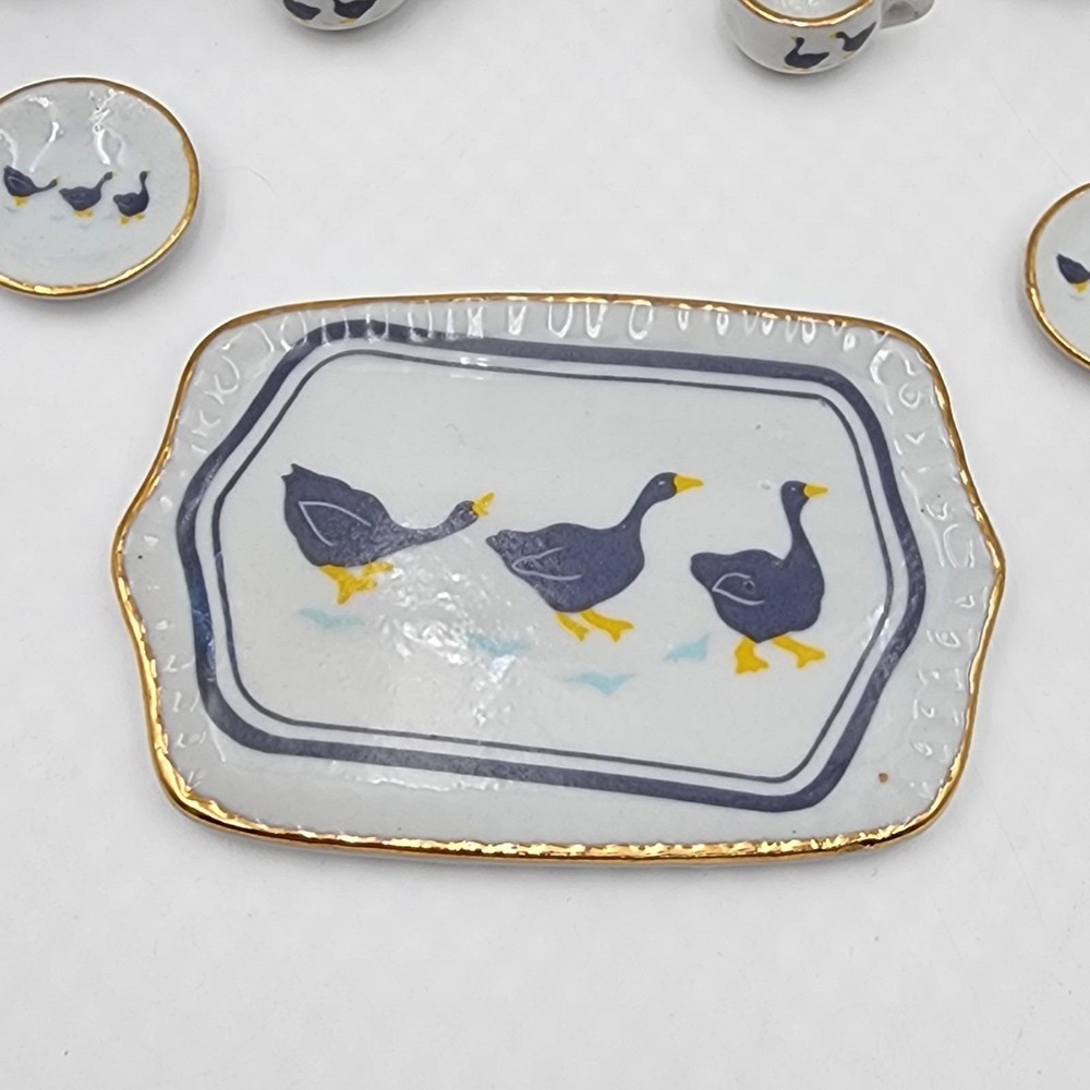 Vintage 80s Miniature Porcelain Tea Set with Country Goose Motif Gold Trim 10 Pc - Picture 6 of 8